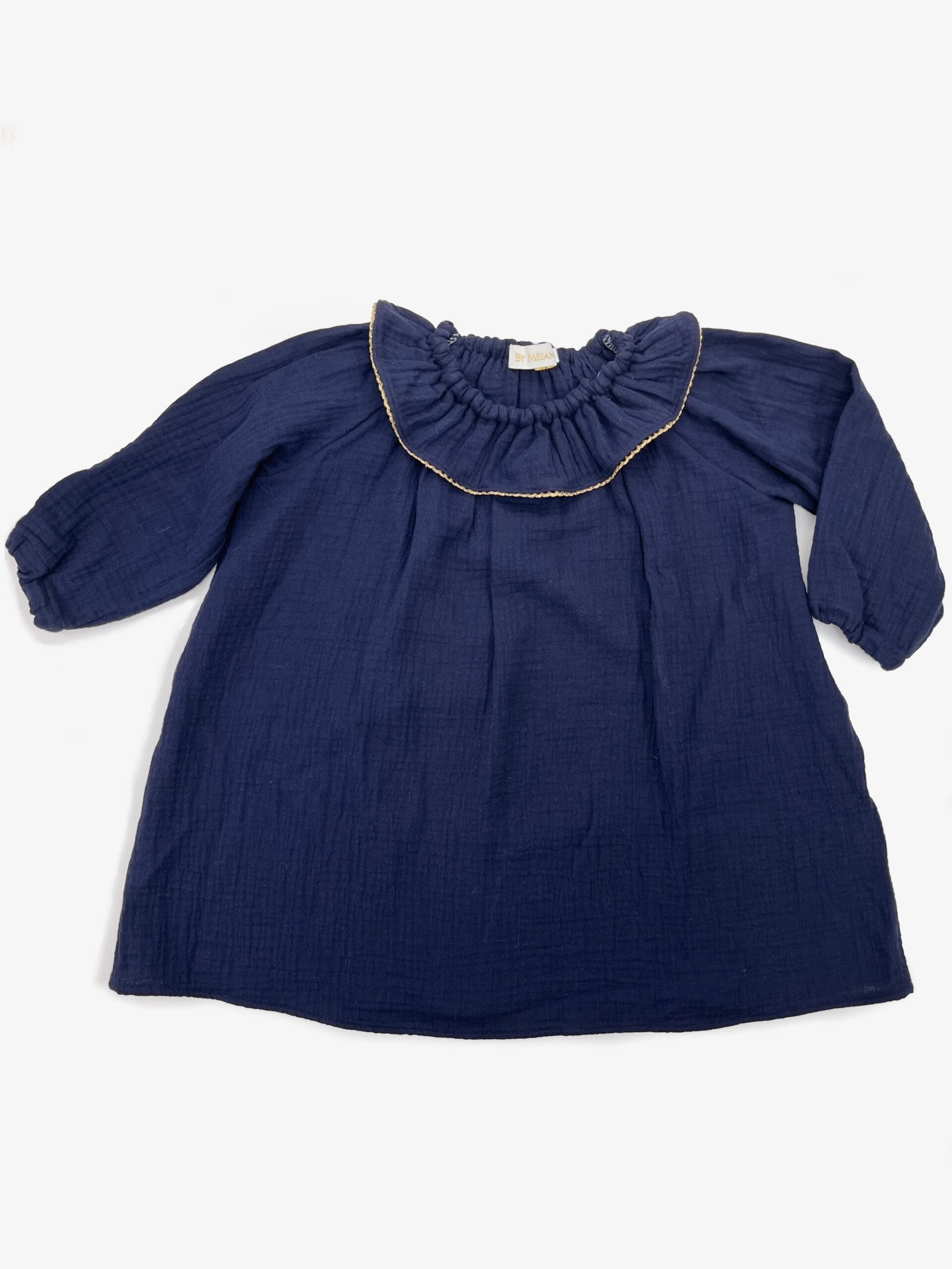 Augustine marine – Robe enfant double gaze marine, collerette dentelle dorée – By Mésange fait main France