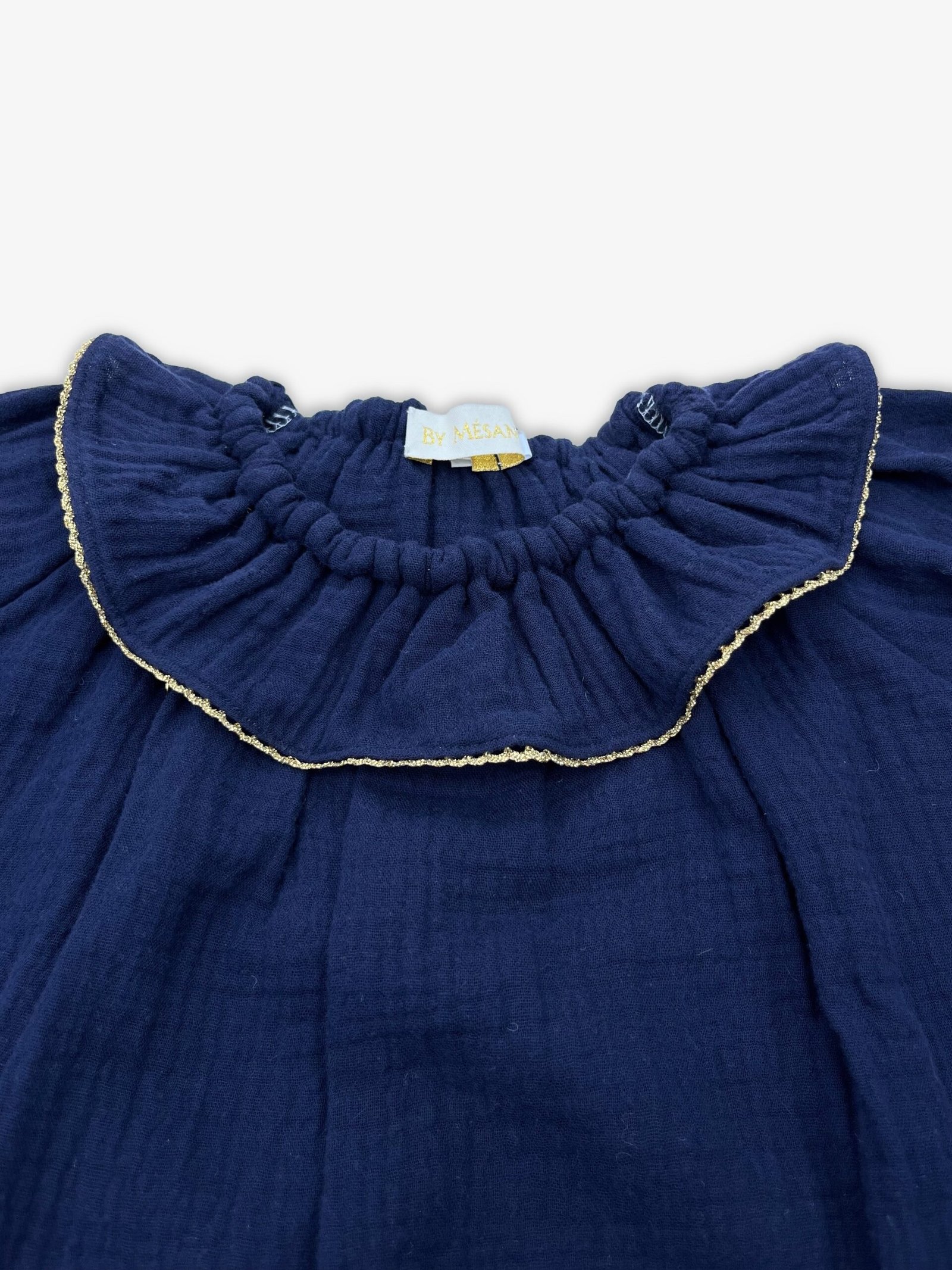 Augustine marine – Robe enfant double gaze marine, collerette dentelle dorée – By Mésange fait main France