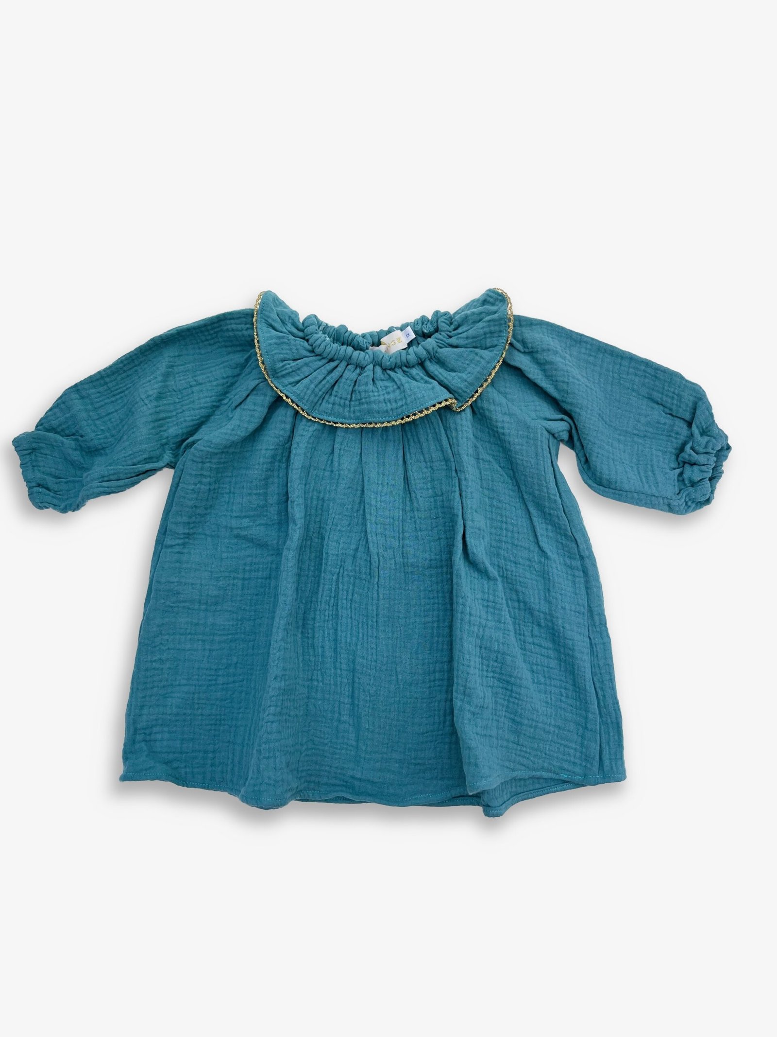 Augustine vert – Robe enfant double gaze verte, collerette dentelle dorée – By Mésange fait main France