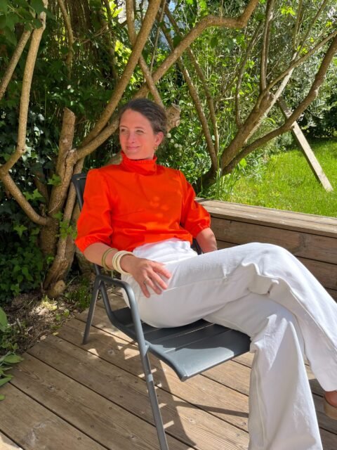 Suzon orange pep's – Blouse col victorien, tissu orange pep's – By Mésange fait main France