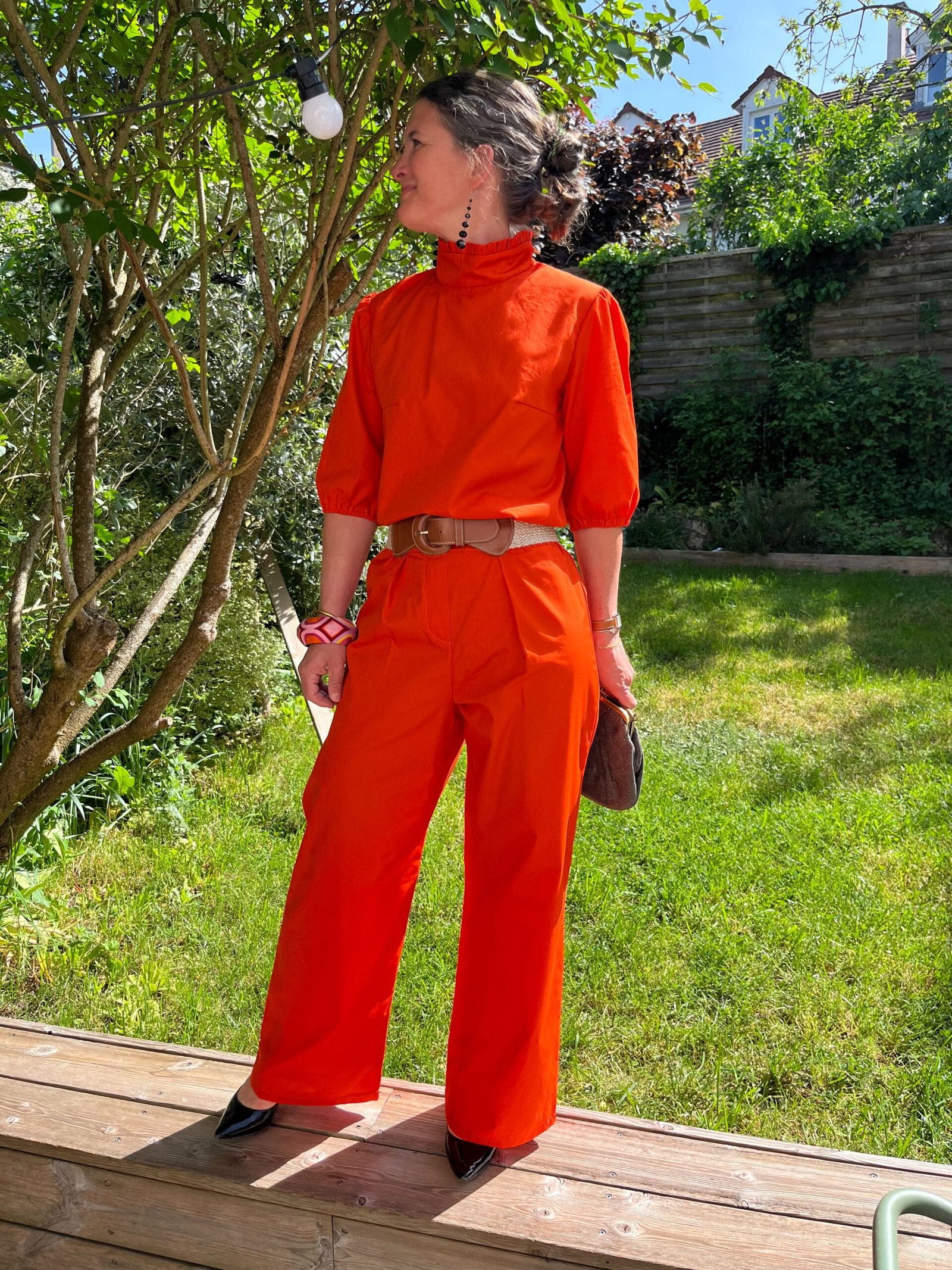 Suzon orange pep's – Blouse col victorien, tissu orange pep's – By Mésange fait main France