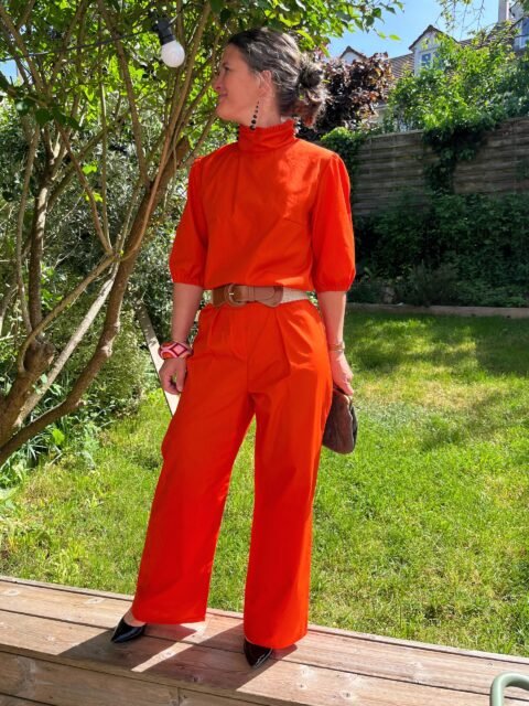 Georgette orange – Pantalon coupe large tissu orange pep's – By Mésange fait main France