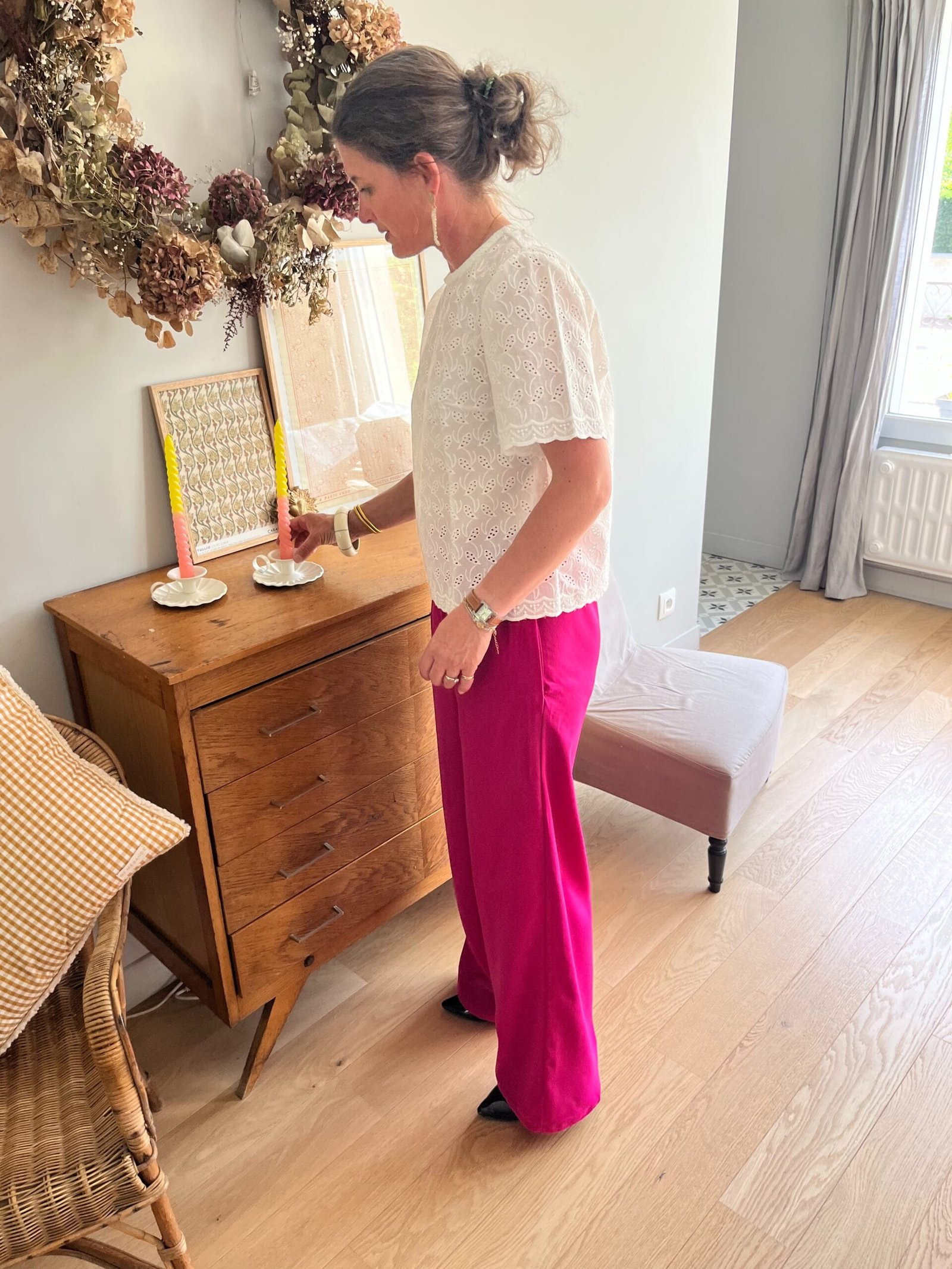 Georgette rose fuchsia – Pantalon coupe large tissu rose fuchsia – By Mésange fait main France