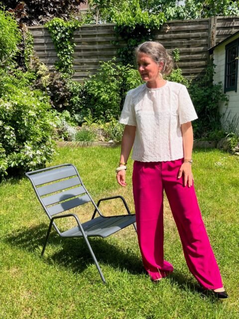 Georgette rose fuchsia – Pantalon coupe large tissu rose fuchsia – By Mésange fait main France