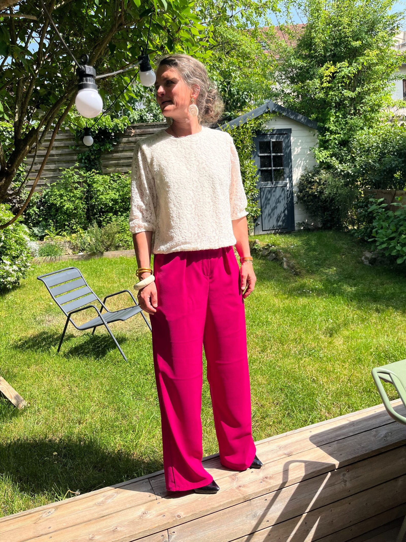 Georgette rose fuchsia – Pantalon coupe large tissu rose fuchsia – By Mésange fait main France