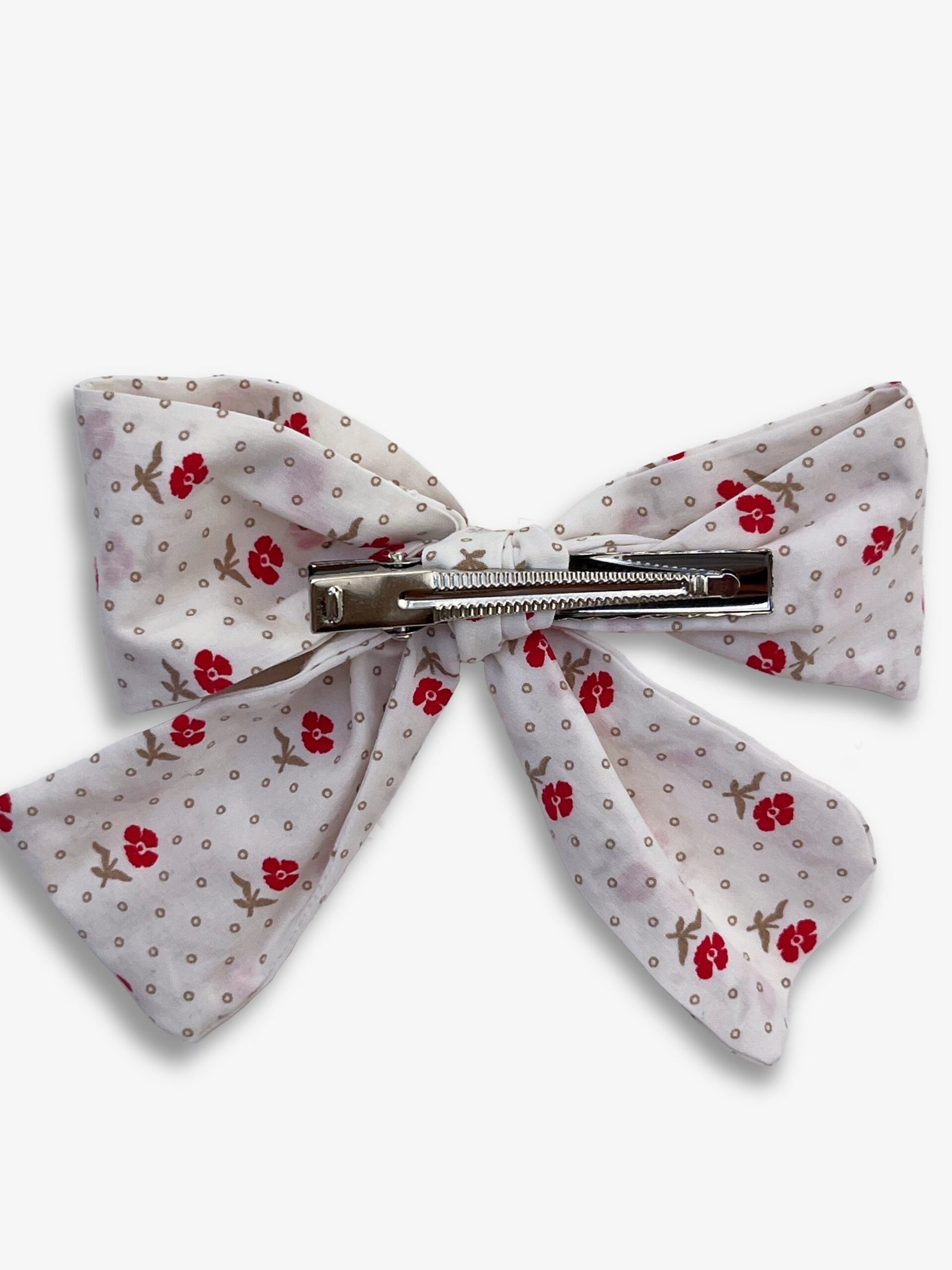 Barrette fleurs rouges – barrette gros nœud tissu fleurs rouges, pince crocodile – By Mésange fait main France