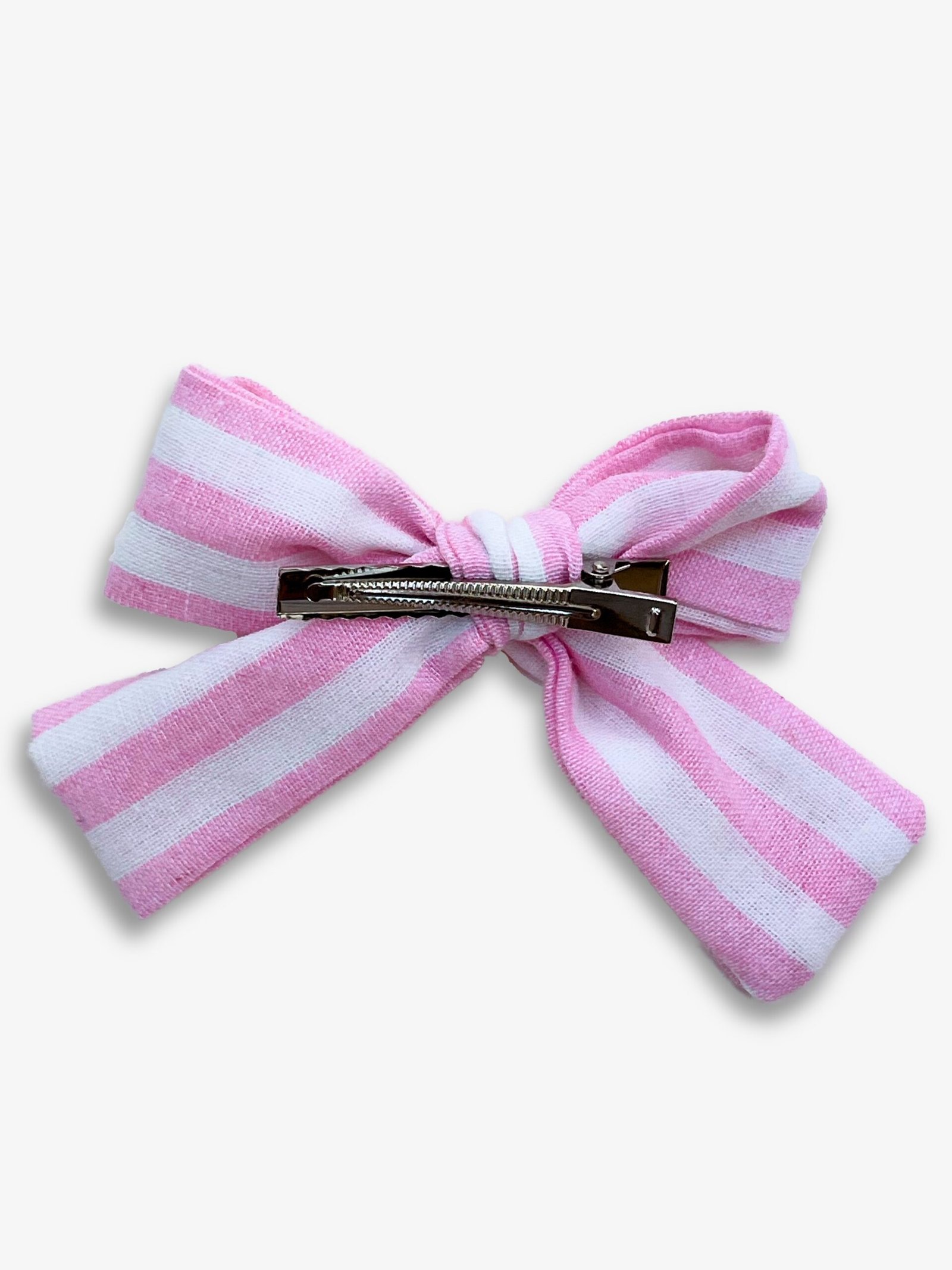Barrette lignes roses – barrette gros nœud tissu lignes roses blanches, pince crocodile – By Mésange fait main France