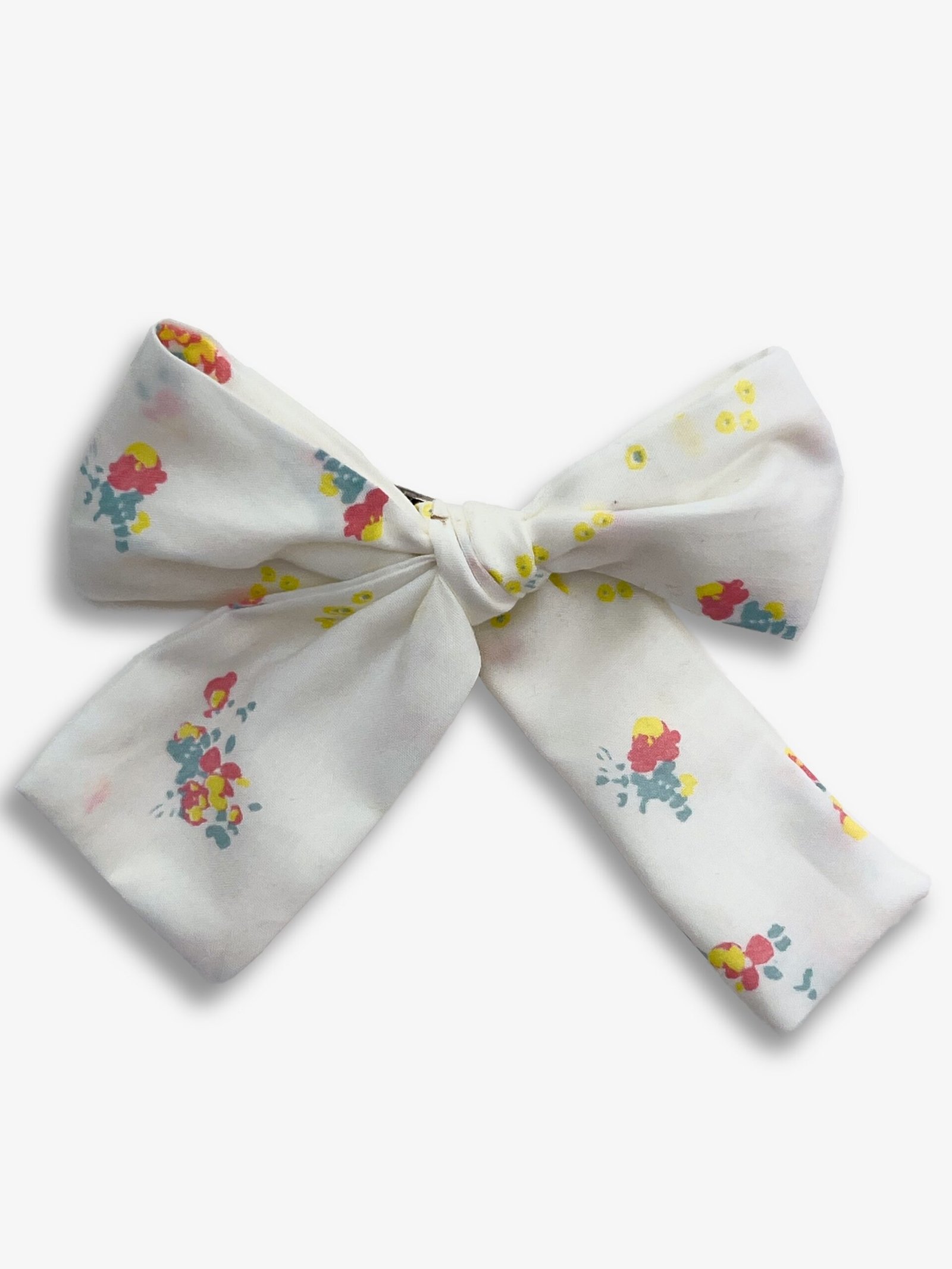 Barrette fleurettes – barrette gros nœud tissu blanc fleurettes, pince crocodile – By Mésange fait main France