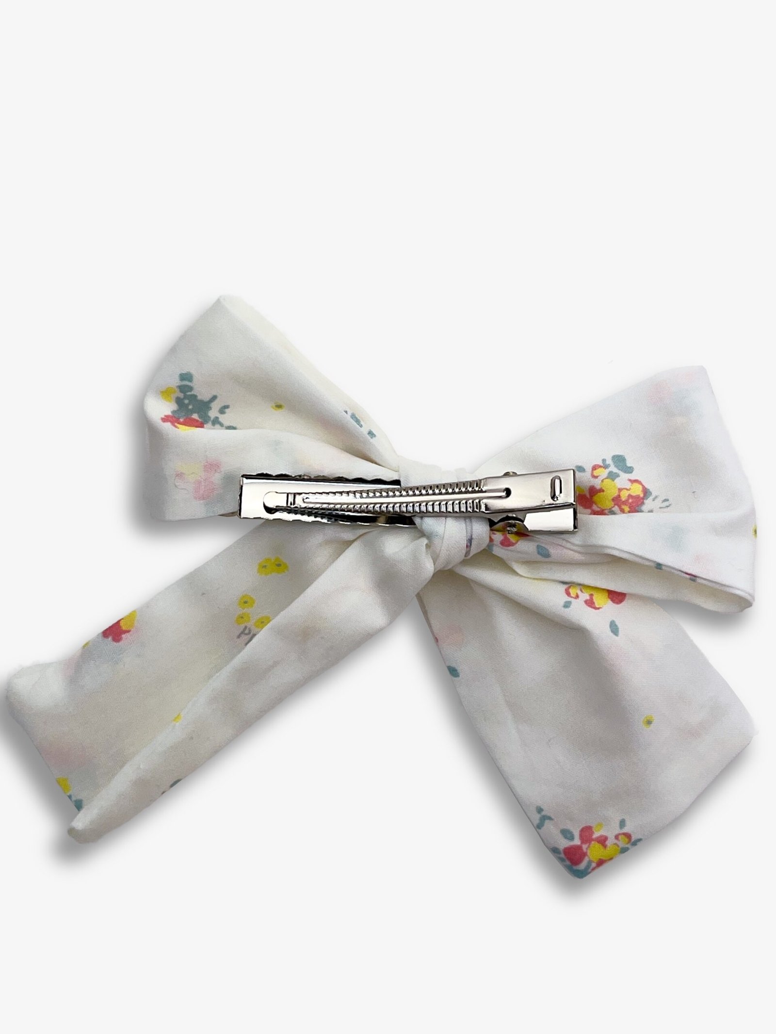 Barrette fleurettes – barrette gros nœud tissu blanc fleurettes, pince crocodile – By Mésange fait main France