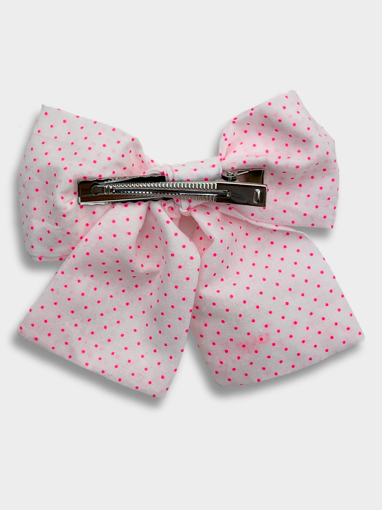 Barrette pois rose fluo – barrette gros nœud tissu pois rose fluo, pince crocodile – By Mésange fait main France
