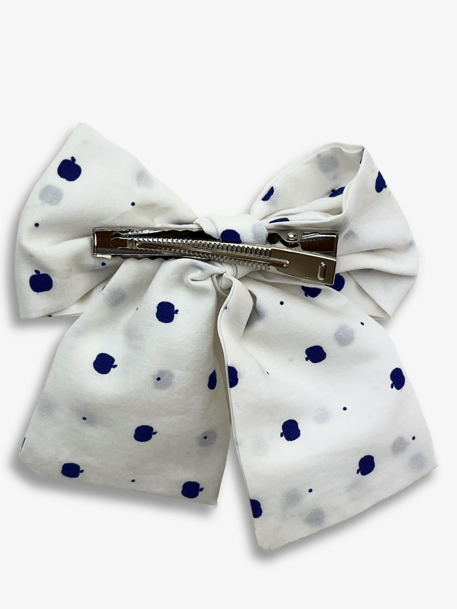 Barrette pommes bleues – barrette gros nœud tissu pommes bleues, pince crocodile – By Mésange fait main France