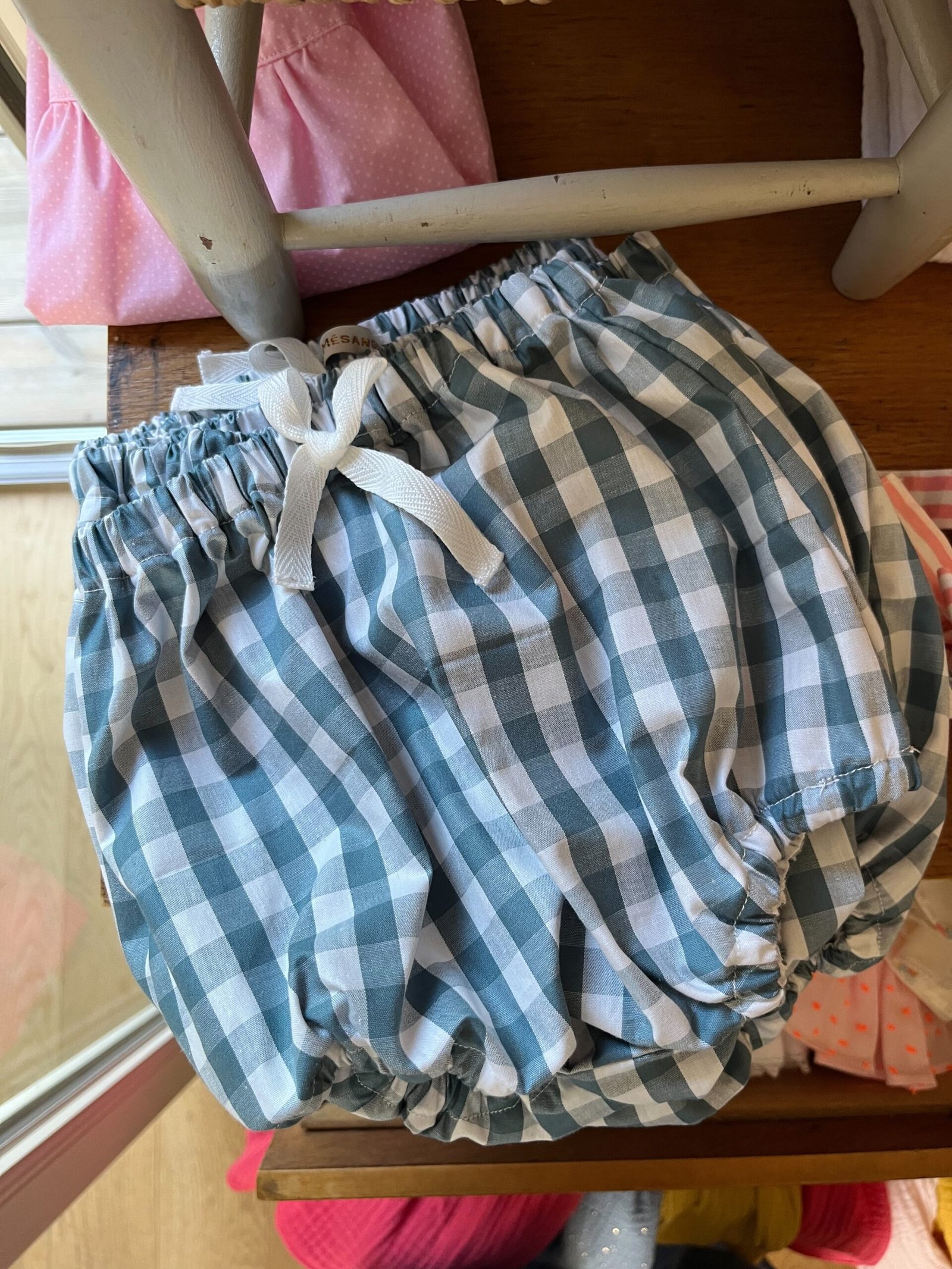 Léon – bloomer bébé coton vichy vert canard blanc, taille élastiquée – By Mésange fait main France