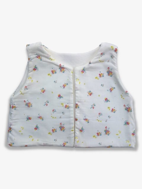Séraphine à fleurs – gilet de berger bébé réversible coton fleuri/molleton blanc, sans manches – By Mésange fait main France