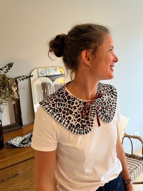 Colette – col claudine réversible 100% coton, léopard/vichy noir blanc – By Mésange fait main France