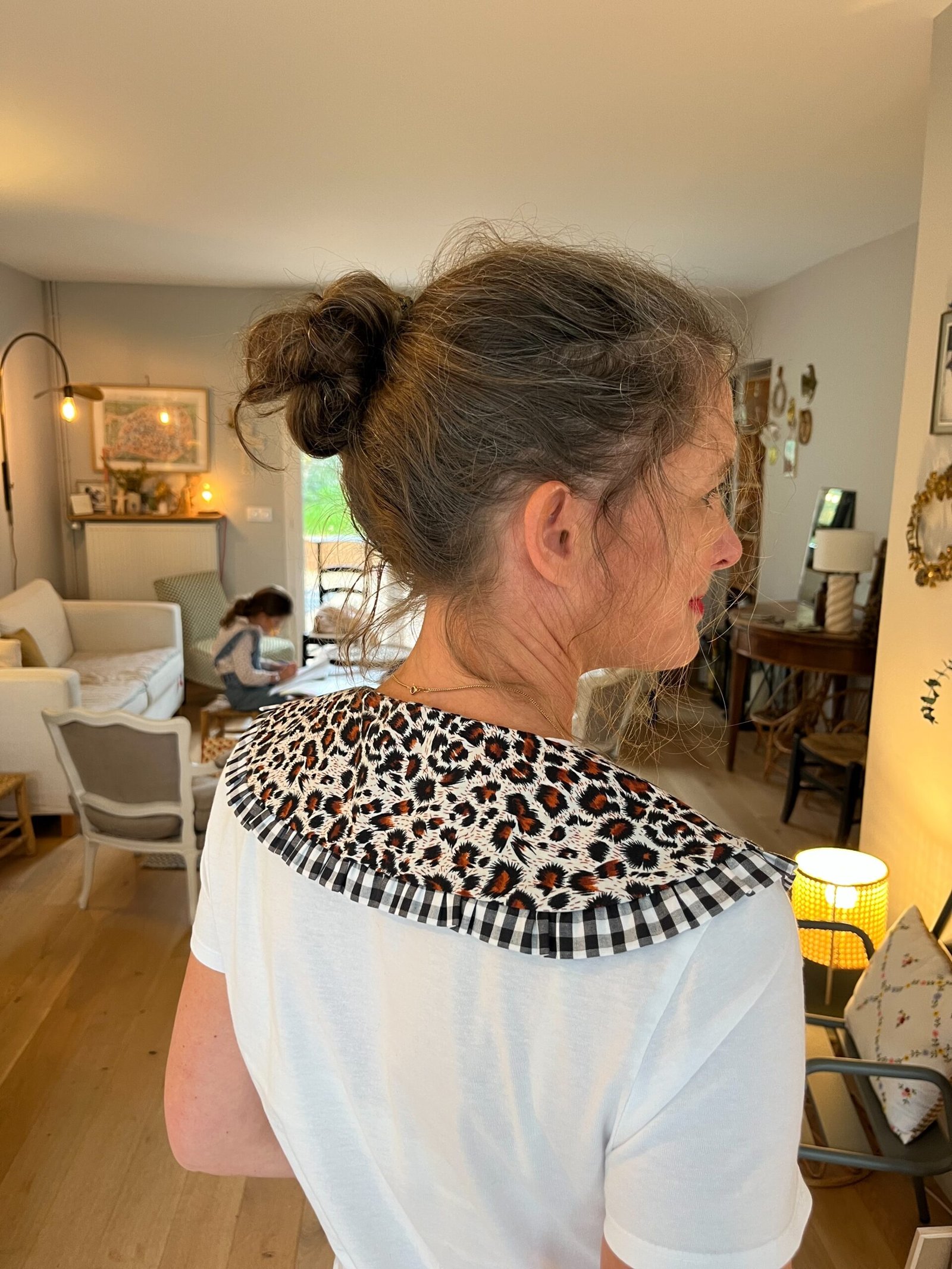 Colette – col claudine réversible 100% coton, léopard/vichy noir blanc – By Mésange fait main France