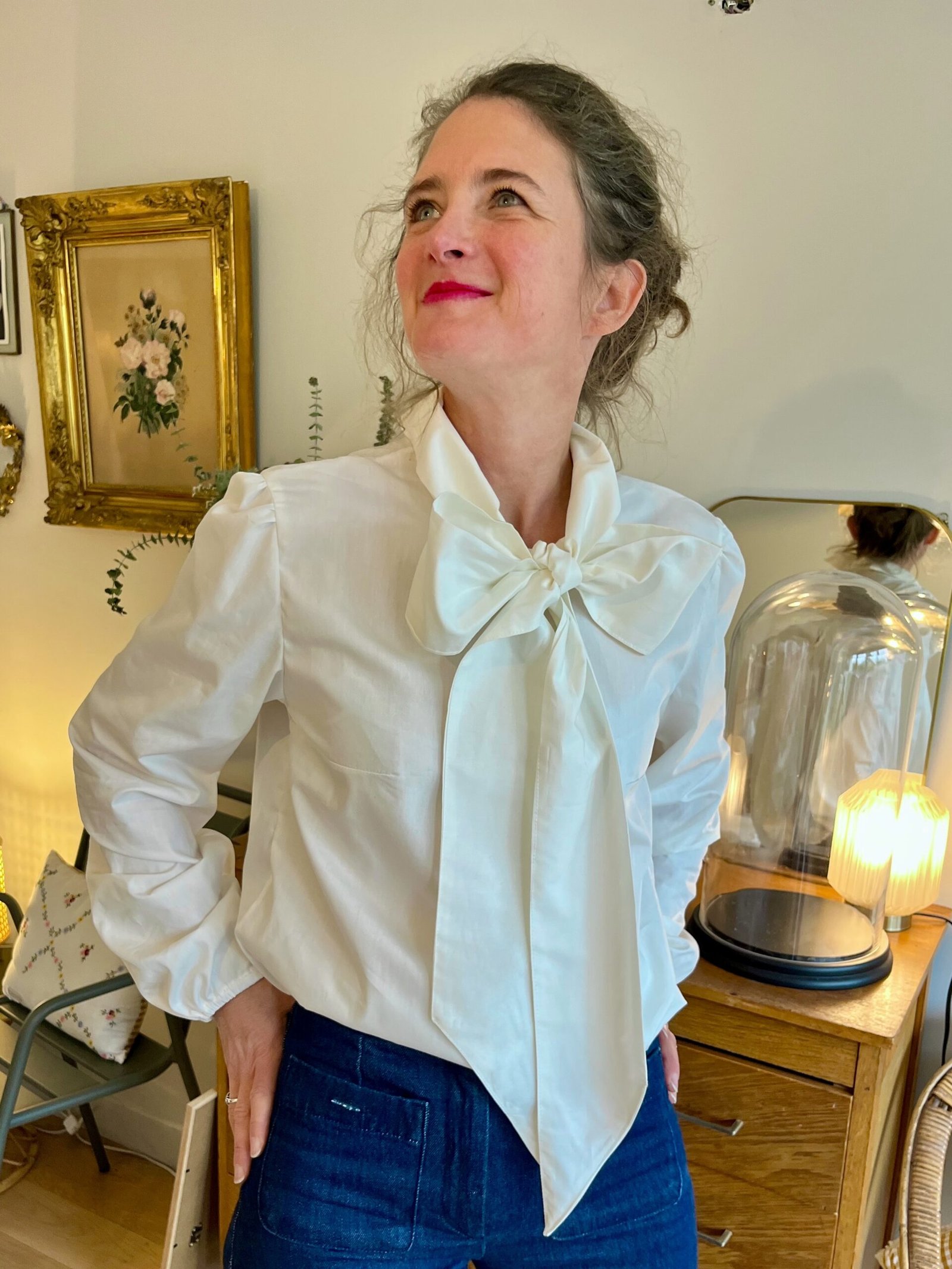 Henriette – blouse 100% coton, large nœud ton sur ton – By Mésange fait main France