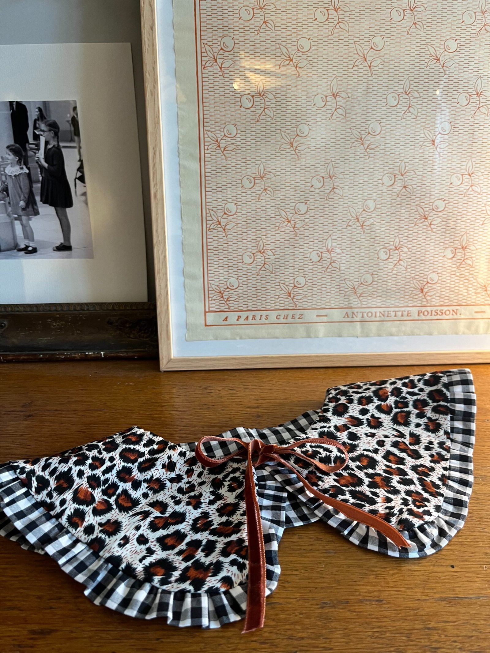 Colette – col claudine réversible 100% coton, léopard/vichy noir blanc – By Mésange fait main France