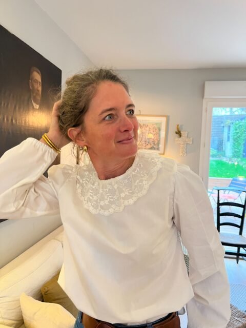 Josepha – blouse écrue 100% coton, col dentelle – By Mésange fait main France