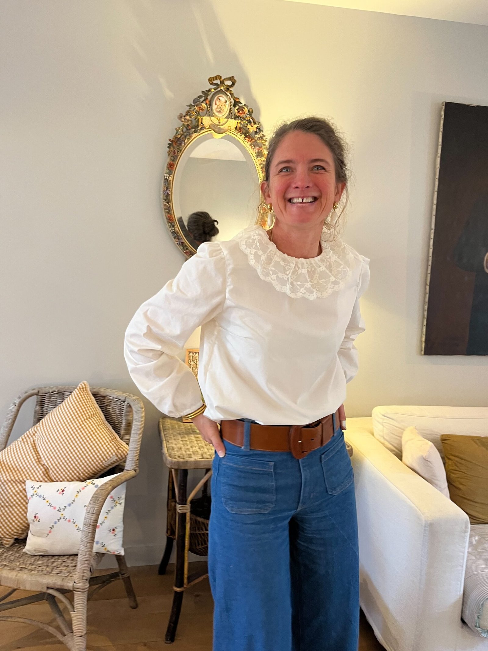 Josepha – blouse écrue 100% coton, col dentelle – By Mésange fait main France