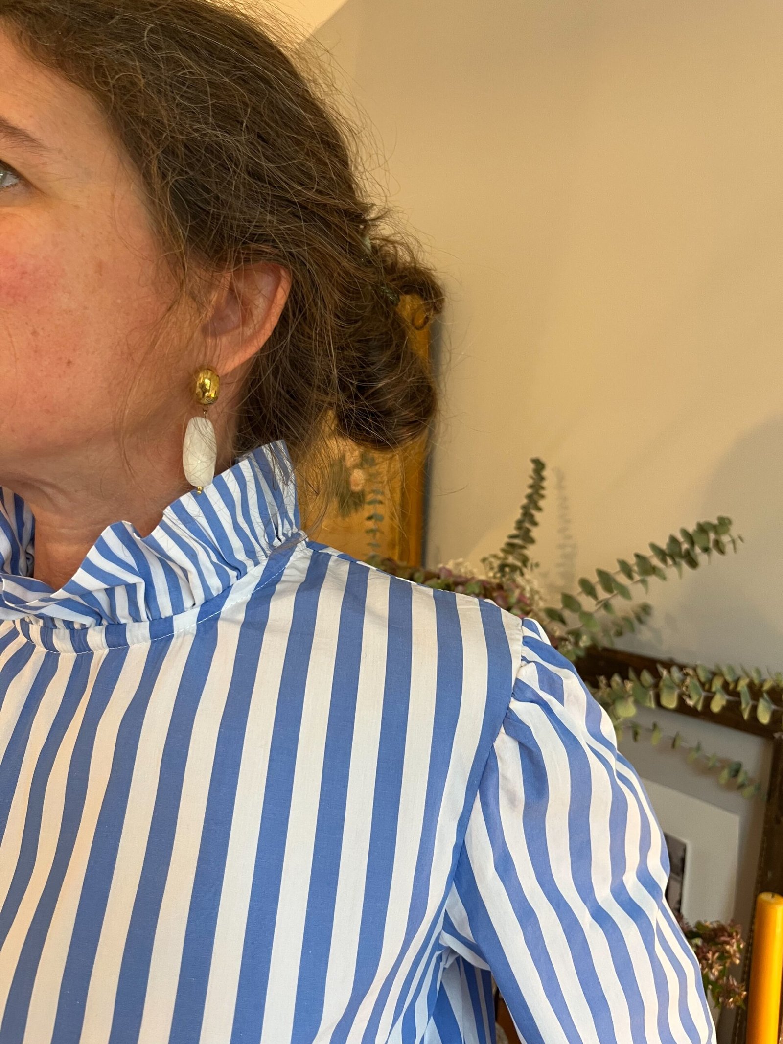 Olga – blouse rayée 100% coton, grand col froncé – By Mésange fait main France