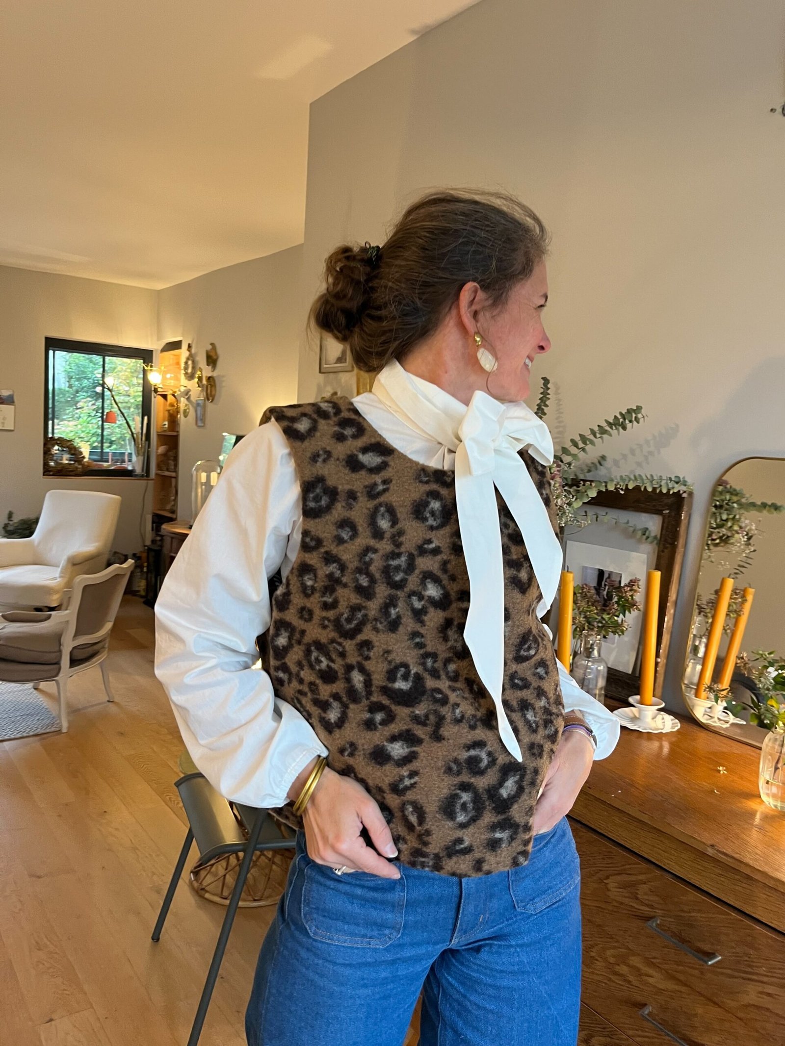 Pierette – plastron laine léopard 80% laine, doublé vichy noir blanc – By Mésange fait main France