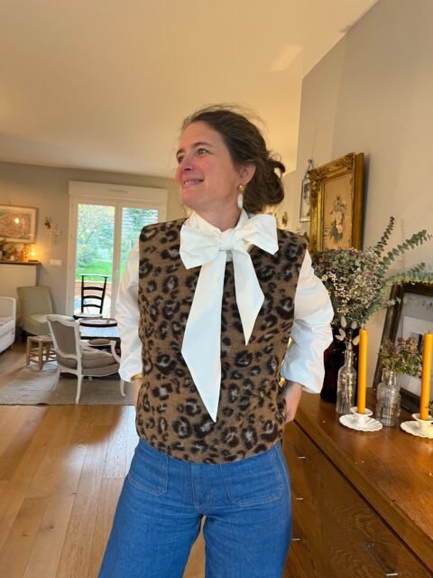 Pierette – plastron laine léopard 80% laine, doublé vichy noir blanc – By Mésange fait main France