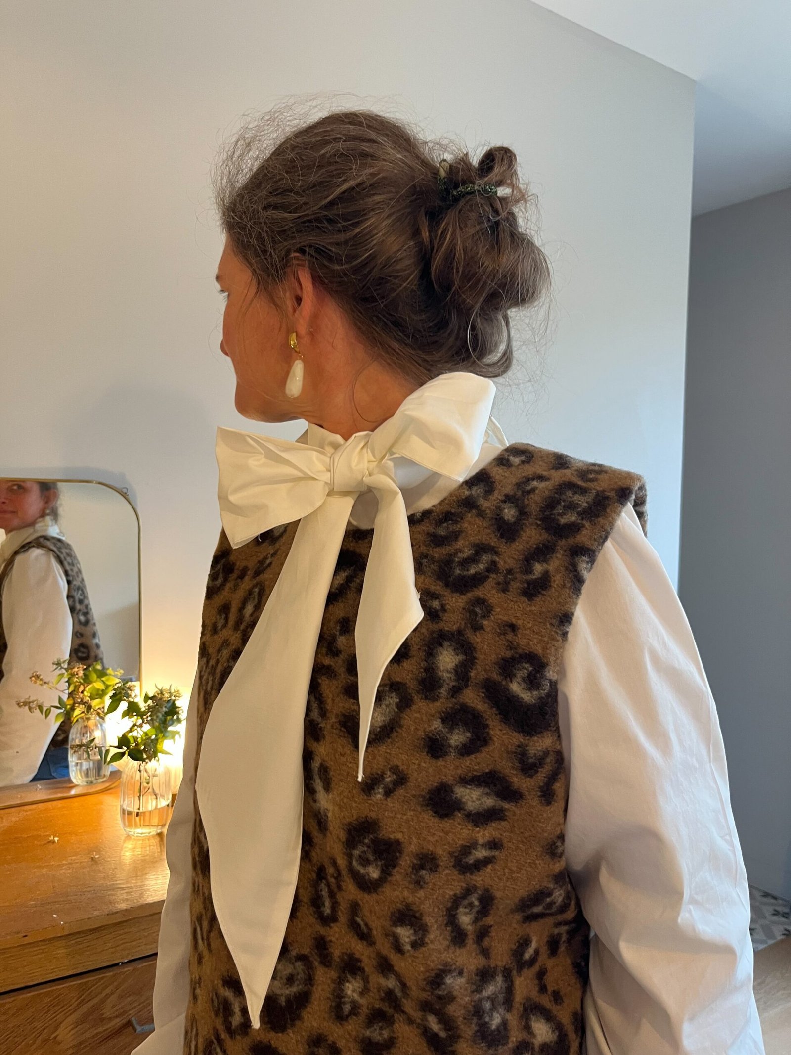 Pierette – plastron laine léopard 80% laine, doublé vichy noir blanc – By Mésange fait main France